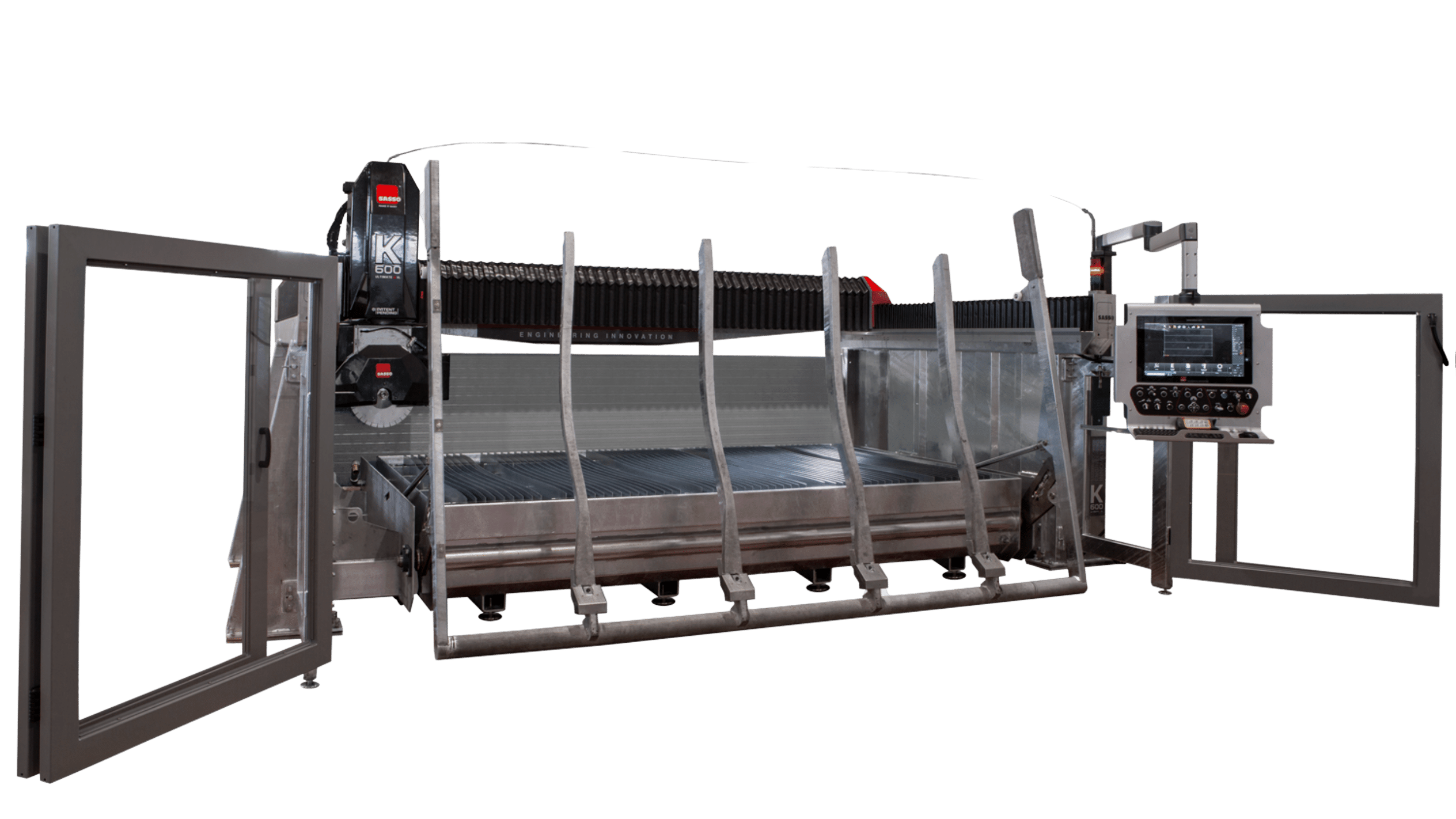 Industrial textile knitting machine with a long bar of needles and a right-side control panel, viewed in profile.
