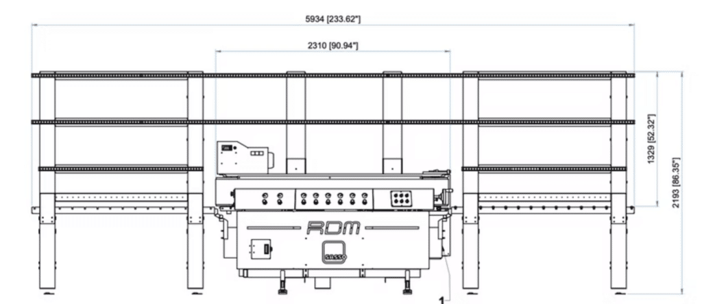 Engineering side view of a large, multi-shelf industrial frame with a central control unit; measurement lines show overall width 5934 mm (233.62 in) and height 1329 mm (52.3 in).